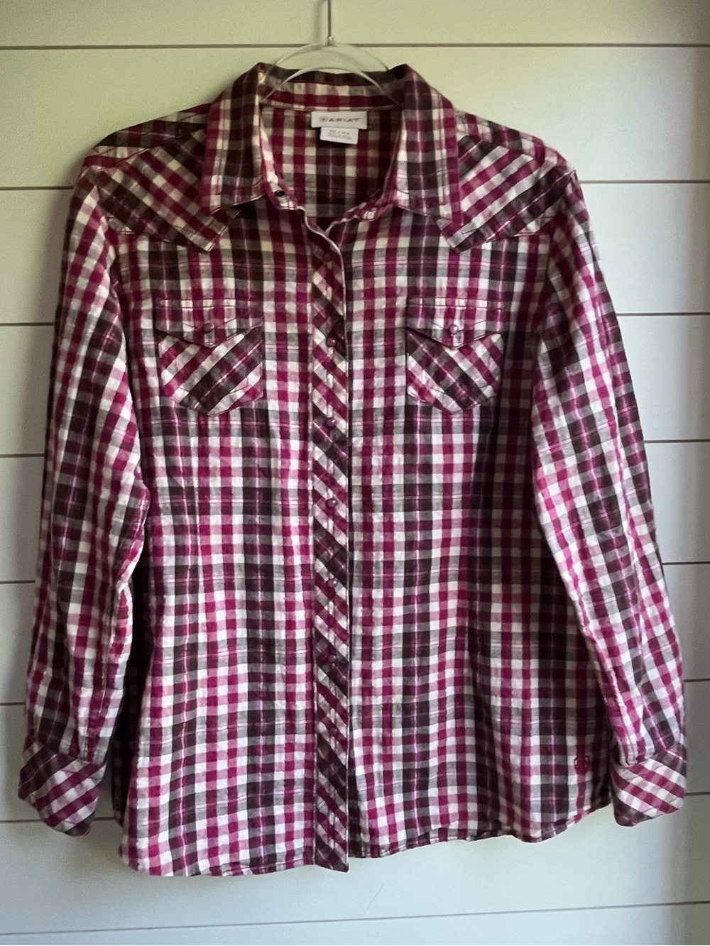 Ariat Women's Plaid Western Pearl Snap Maroon Red White Long Sleeve Shirt SZ XL